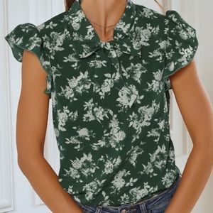 Green Floral Blouse with Neck Tie in S